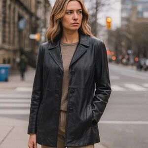 Danier Classic Leather Jacket Black Button Up Blazer Style Collar Womens Size XS